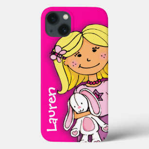 一流の子供の女の子のブロンドの女性はピンクの紫色のipadの箱を抱きしめます iPhone 13ケース