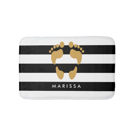 一流の白黒ストライプとの金ゴールドの足跡 バスマット (正面)