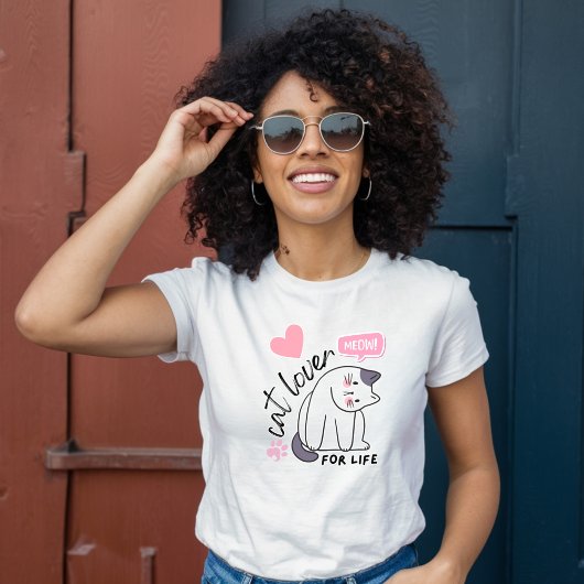 一生の猫好き - ニャン！ ピンクのハート Tシャツ
