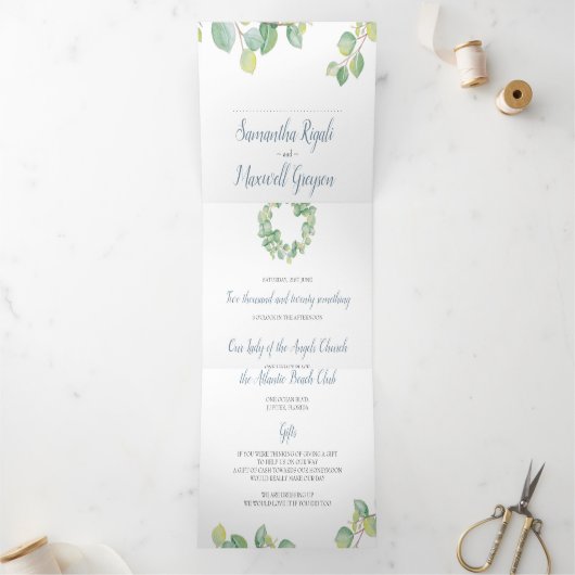 一素朴つの結婚式の招待でユーカリ 三つ折り招待状 (内部)