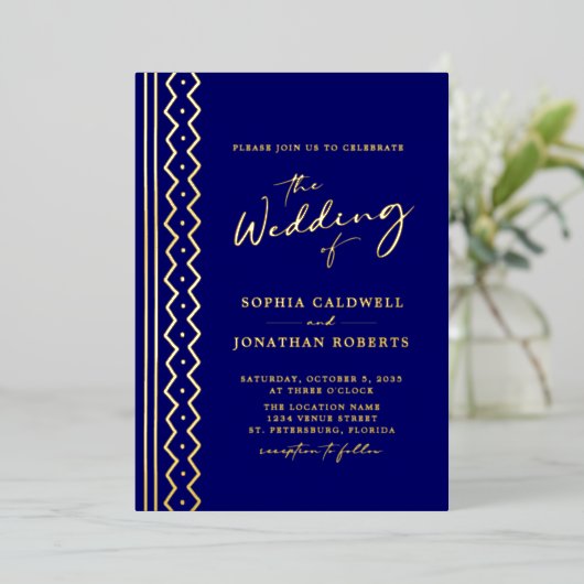 一結婚つの房方の泥布の書道金ゴールド 箔招待状 (立ち正面)