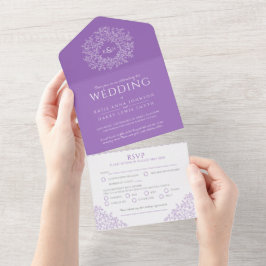 一結婚人の招待で葉の紫の白色の オールインワン招待状