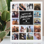 「一緒が私たちの最も好きな場所」フォトコラージュ フォトプラーク<br><div class="desc">このパーソナライズされたカップルまたは新婚夫婦の写真プレートで、あなたのラブストーリーを祝いましょう。バレンタインデー、結婚記念日、結婚式、または単に愛を表現するために最適です。さわやかな白い背景(あらゆる色にカスタマイズ可能)には、あなたのお気に入りの16枚の写真、トレンディな黒い四角にカップルの名前、クラシックな白いハートのシンボル、そして心温まるフレーズ「Together is Our Favourite Place to Be」が刻まれています。</div>