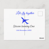 一緒にお空を飛ぼう ファーストバースデー 飛行機 青 銀 ポストカード (裏面)