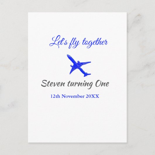一緒にお空を飛ぼう ファーストバースデー 飛行機 青 銀 ポストカード (正面)