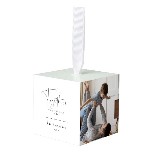 一緒にクリスマスの家族の写真 キューブオーナメント (正面アングル)