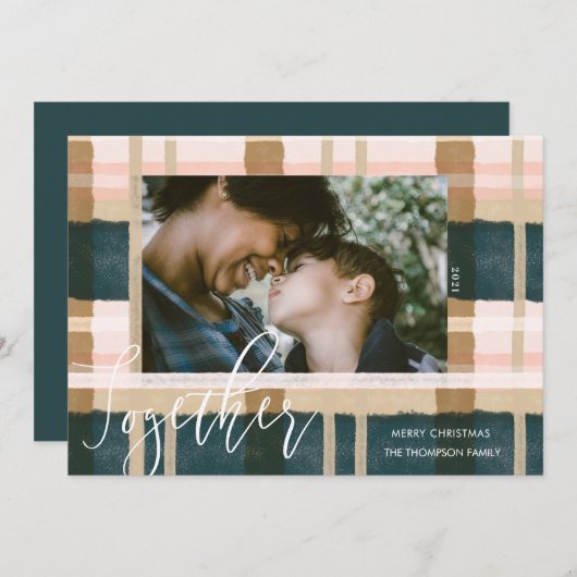 一緒にモダン緑ピンクの水色の格子写真 シーズンカード (正面/裏面)