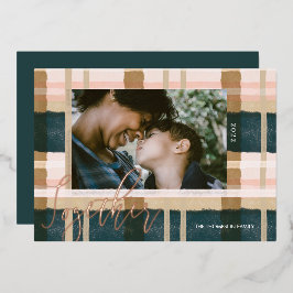 一緒にモダン緑ピンクの水色の格子写真 箔シーズンカード