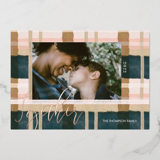 一緒にモダン緑ピンクの水色の格子写真 箔シーズンカード (正面)