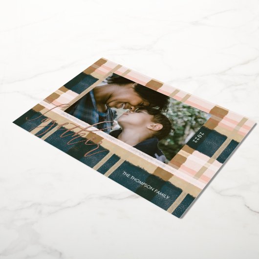 一緒にモダン緑ピンクの水色の格子写真 箔シーズンカード (回転した状態)