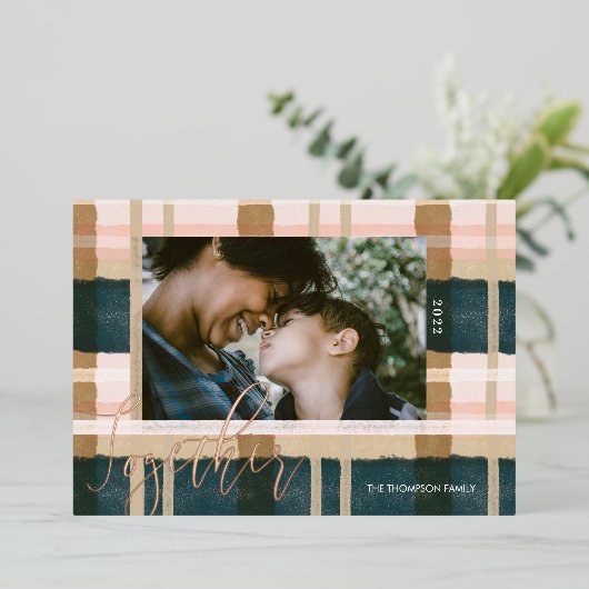 一緒にモダン緑ピンクの水色の格子写真 箔シーズンカード (立ち正面)