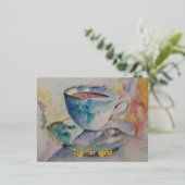 一緒に再び水の色コーヒーマグとソーサー 箔シーズンポストカード (立ち正面)