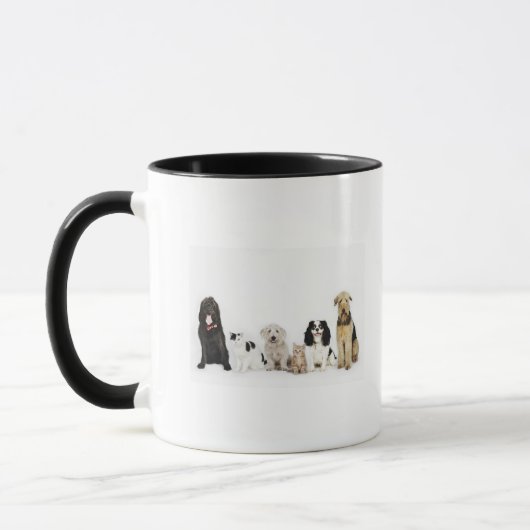一緒に坐っている猫および犬のポートレート マグカップ (左)