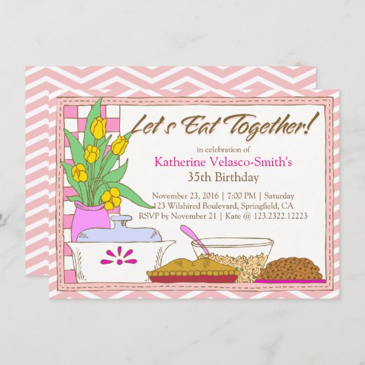 一緒に夕食か食べ昼食の誕生日 招待状 (正面/裏面)