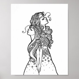 一緒に成長 – 母の娘ラインアートポートレート ポスター