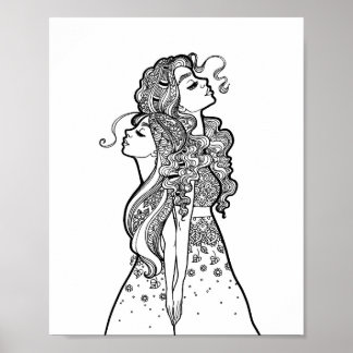 一緒に成長 – 母の娘ラインアートポートレート ポスター