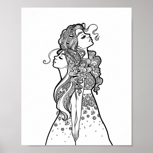 一緒に成長 – 母の娘ラインアートポートレート ポスター (正面)