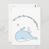 一緒に波に乗ろうキュートなクジラのバレンタイン ポストカード (正面/裏面)