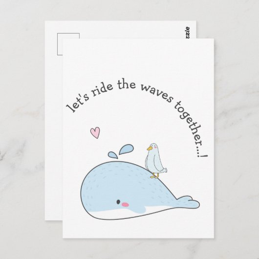 一緒に波に乗ろうキュートなクジラのバレンタイン ポストカード (正面/裏面)