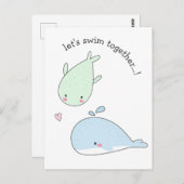 一緒に泳いで…!かわいいクジラ – バレンタイン ポストカード (正面/裏面)