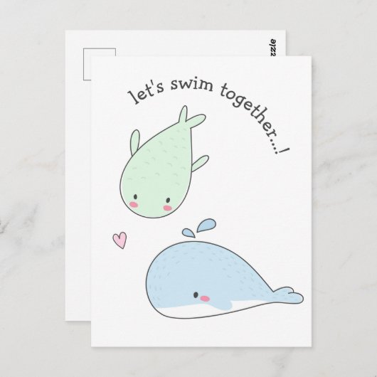 一緒に泳いで…!かわいいクジラ – バレンタイン ポストカード (正面/裏面)