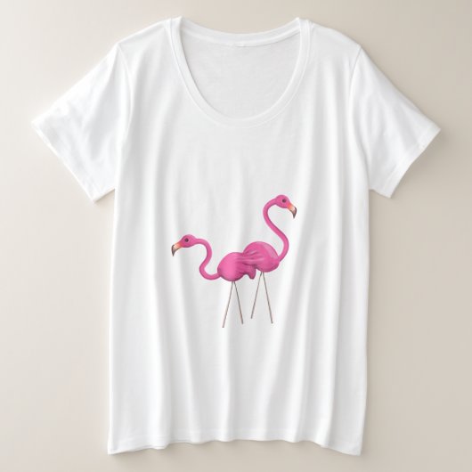 一緒に立っている2羽のピンクのフラミンゴ プラスサイズTシャツ (デザイン正面)