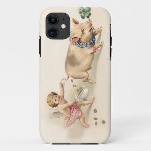一緒に走っているかわいくおもしろいなヴィンテージのブタおよび天使 iPhone 11 ケース