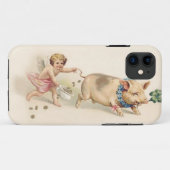 一緒に走っているかわいくおもしろいなヴィンテージのブタおよび天使 Case-Mate iPhoneケース (裏面(横))