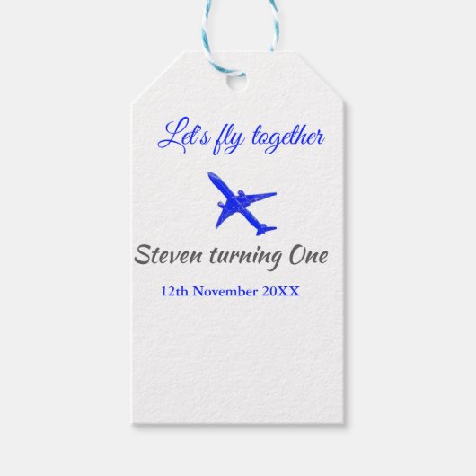 一緒に飛ぼう1歳の誕生日飛行機ブルーシルブ ギフトタグ (正面)
