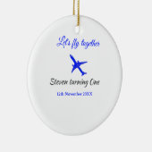 一緒に飛ぼう1歳の誕生日飛行機ブルーシルブ セラミックオーナメント (右)