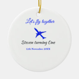 一緒に飛ぼう1歳の誕生日飛行機ブルーシルブ セラミックオーナメント