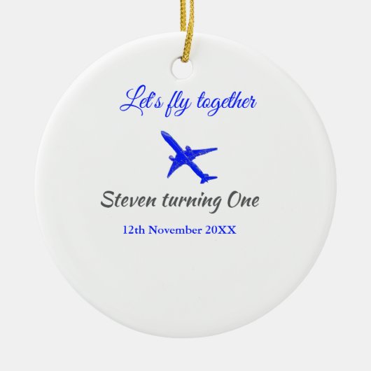 一緒に飛ぼう1歳の誕生日飛行機ブルーシルブ セラミックオーナメント (正面)