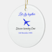 一緒に飛ぼう1歳の誕生日飛行機ブルーシルブ セラミックオーナメント (左)