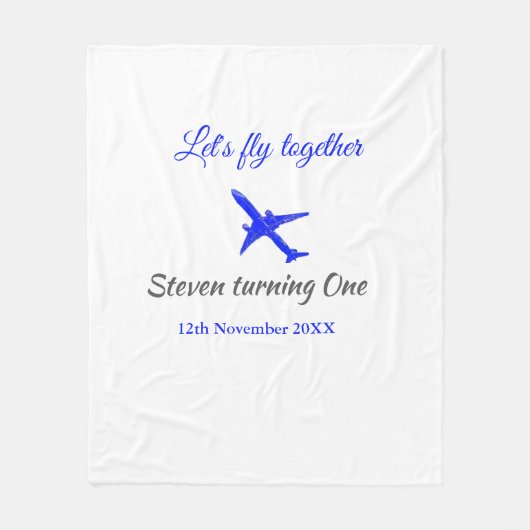 一緒に飛ぼう1歳の誕生日飛行機ブルーシルブ フリースブランケット (正面)