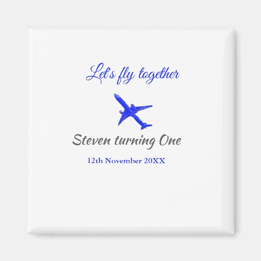 一緒に飛ぼう1歳の誕生日飛行機ブルーシルブ マグネット (正面)