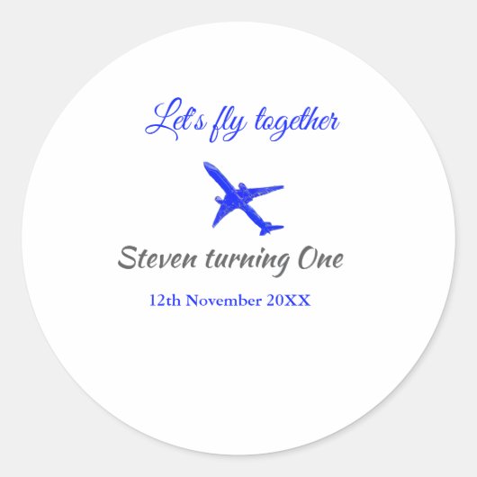 一緒に飛ぼう1歳の誕生日飛行機ブルーシルブ ラウンドシール (正面)