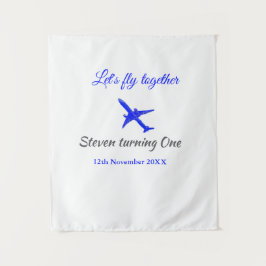 一緒に飛ぼう ファーストバースデー 飛行機 青 銀 タペストリー