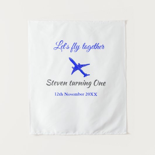 一緒に飛ぼう ファーストバースデー 飛行機 青 銀 タペストリー (正面)