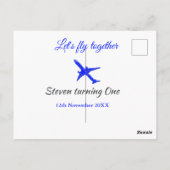 一緒に飛ぼう ファーストバースデー 飛行機 青 銀 ポストカード (裏面)