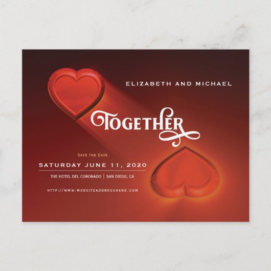 一緒に、日付を保存し、2つのハート葉書 インビテーションポストカード (正面)