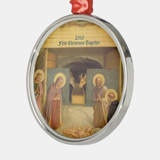 一緒の出生の初めてのクリスマスの日付がついたカスタム メタルオーナメント (左)
