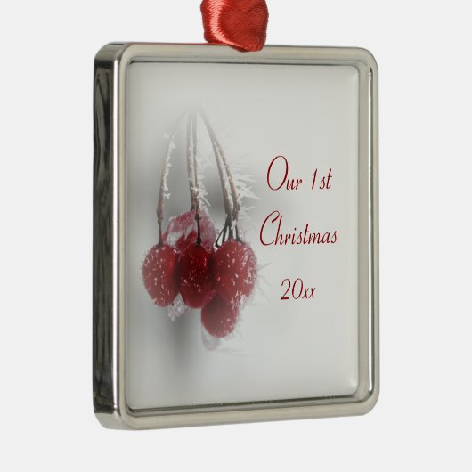 一緒の赤く霜の降りたな果実の第1クリスマス メタルオーナメント (右)
