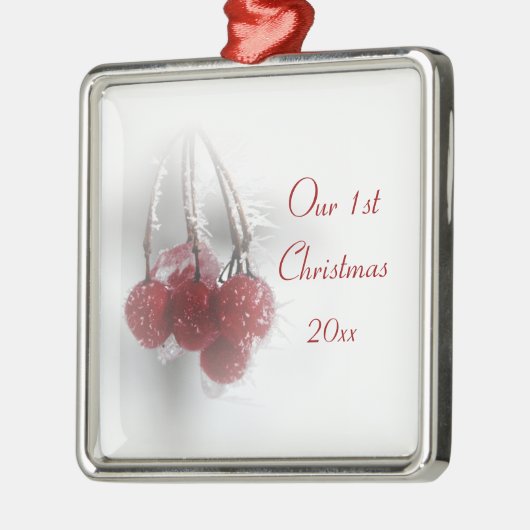 一緒の赤く霜の降りたな果実の第1クリスマス メタルオーナメント (左)