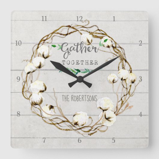 一緒の農家のShiplapの木製の素朴なギャザー スクエア壁時計 (正面)