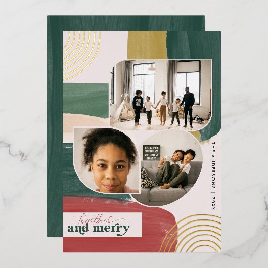 一緒メリーに |抽象芸術モダンフォトクリスマス 箔招待状 (正面/裏面)