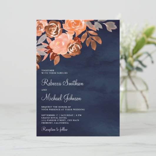 一自然つの海軍のテラコッタのフローラすべて結婚 招待状 (スタンド正面)