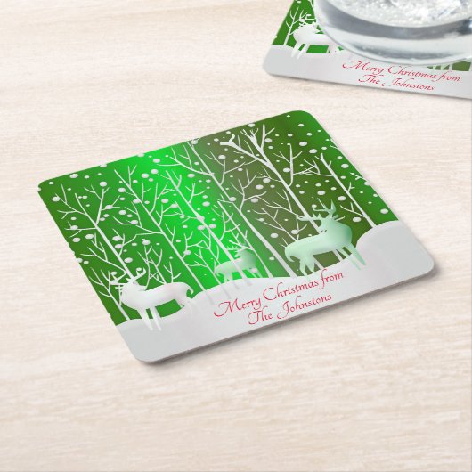 一致セット白トナカイ編集名（緑） スクエアペーパーコースター (アングル)