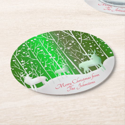 一致セット白トナカイ編集名（緑） ラウンドペーパーコースター (アングル)