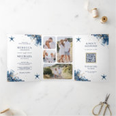 一航海のつのQRコードにネイビーヒトデ結婚ィッシュ 三つ折り招待状 (内部)