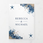 一航海のつのQRコードにネイビーヒトデ結婚ィッシュ 三つ折り招待状 (カバー)